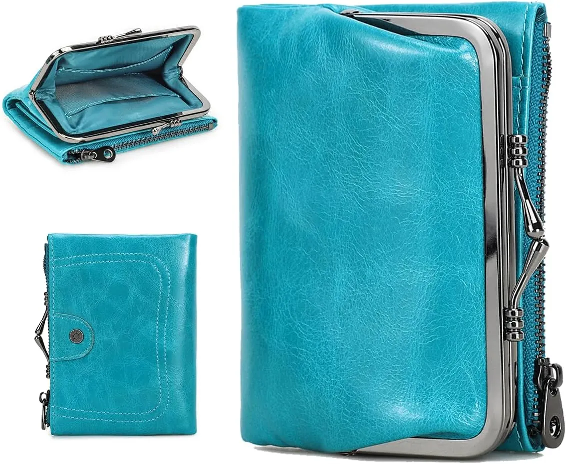 Full Grain Leather Kiss Lock Wallet for Women Kiss Clasp Coin Purse Vintage Small RFID Bifold Wallet (Blue)