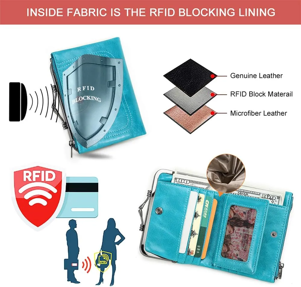 Full Grain Leather Kiss Lock Wallet for Women Kiss Clasp Coin Purse Vintage Small RFID Bifold Wallet (Blue)