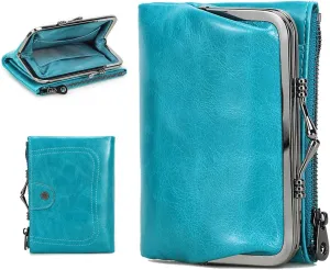 Full Grain Leather Kiss Lock Wallet for Women Kiss Clasp Coin Purse Vintage Small RFID Bifold Wallet (Blue)