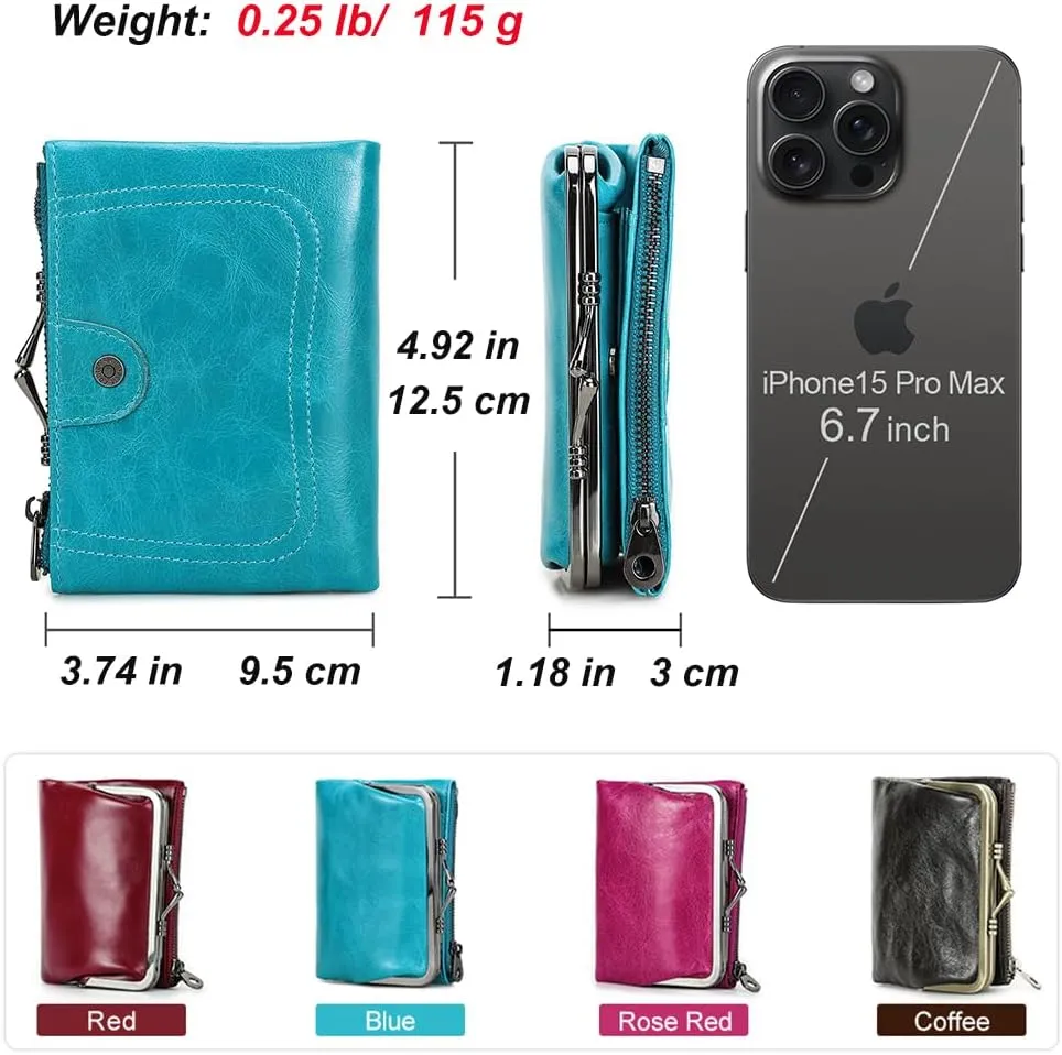 Full Grain Leather Kiss Lock Wallet for Women Kiss Clasp Coin Purse Vintage Small RFID Bifold Wallet (Blue)