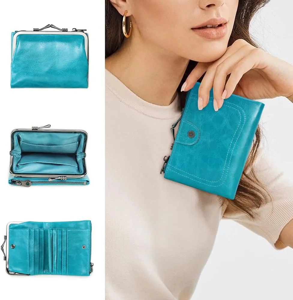 Full Grain Leather Kiss Lock Wallet for Women Kiss Clasp Coin Purse Vintage Small RFID Bifold Wallet (Blue)