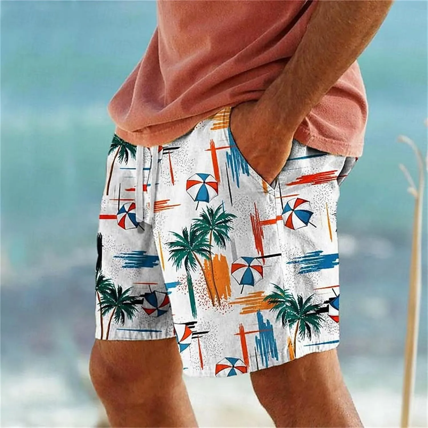 Funny Beach Shorts for Men Hawaiian Drawstring Elastic Waisted Casual Pants 3D Digital Print Plus Size Summer Vacation Capris