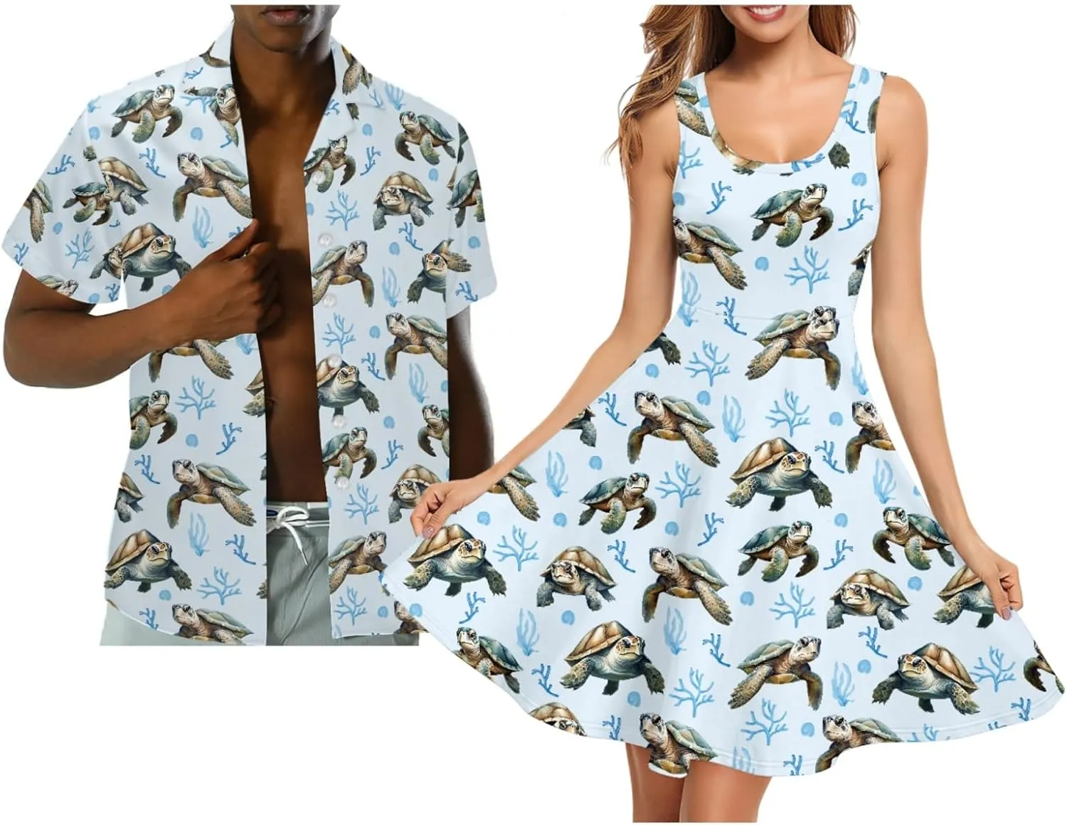 FUSURIRE Plus Size Tank Dresses Couple Matching Outfits Men's Casual Button-Down Shirts Sleeveless Beach Maxi Dress