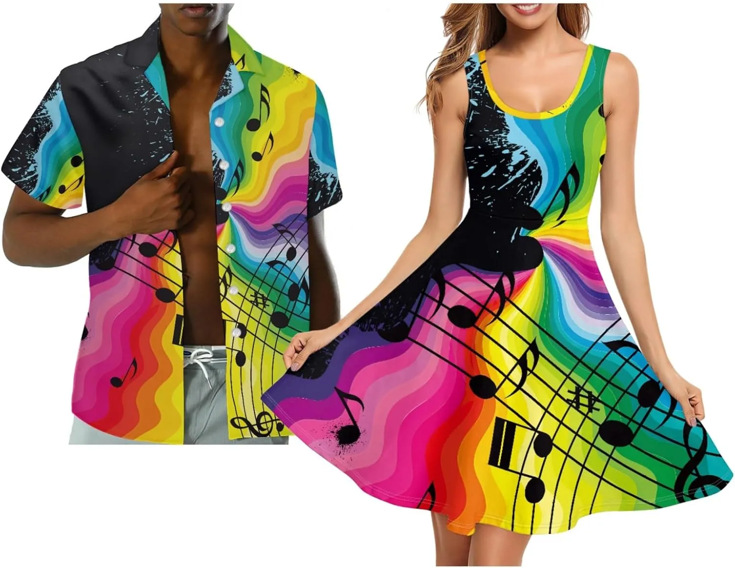 FUSURIRE Plus Size Tank Dresses Couple Matching Outfits Men's Casual Button-Down Shirts Sleeveless Beach Maxi Dress