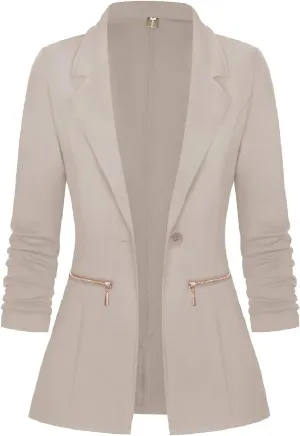 Genhoo Women's Long Sleeve Blazer Open Front Cardigan Jacket Work Office Blazer with Zipper Pockets S-3XL