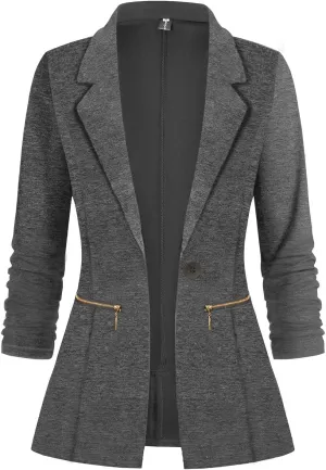 Genhoo Women's Long Sleeve Blazer Open Front Cardigan Jacket Work Office Blazer with Zipper Pockets S-3XL