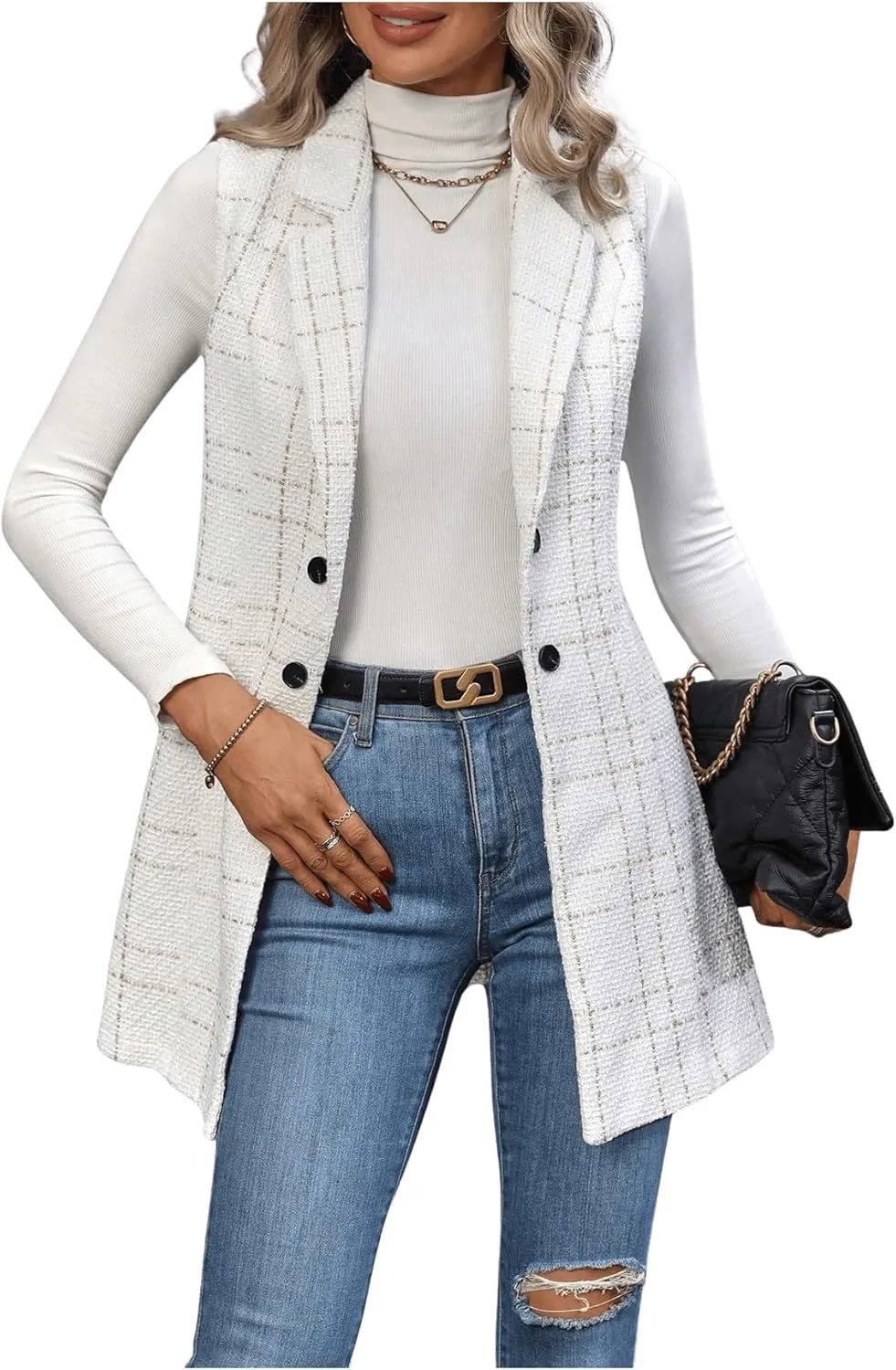 GORGLITTER Women's Plaid Sleeveless Long Vest Cardigan Business Casual Work Fall Blazers Outfits For Women 2024