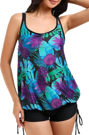 Hanna Nikole Womens Plus Size Tankini Swimsuits Two Piece Tummy Control Bathing Suits Blouson Swim Tank Top with Boy Shorts