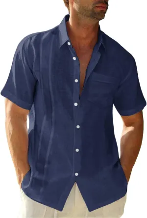 Hestenve Mens Short Sleeve Cuban Camp Guayabera Shirt Linen Cotton Hippie Beach Button Down Shirts