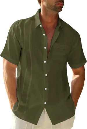 Hestenve Mens Short Sleeve Cuban Camp Guayabera Shirt Linen Cotton Hippie Beach Button Down Shirts