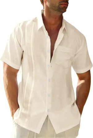 Hestenve Mens Short Sleeve Cuban Camp Guayabera Shirt Linen Cotton Hippie Beach Button Down Shirts