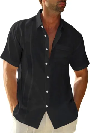 Hestenve Mens Short Sleeve Cuban Camp Guayabera Shirt Linen Cotton Hippie Beach Button Down Shirts