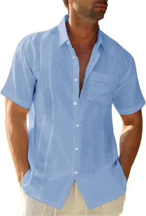 Hestenve Mens Short Sleeve Cuban Camp Guayabera Shirt Linen Cotton Hippie Beach Button Down Shirts