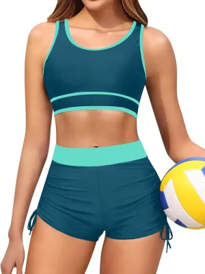 Holipick Women's Sporty Bikini Sets Two Piece Color Block Swimsuit Bathing Suits with High Waisted Boy Shorts Bottom