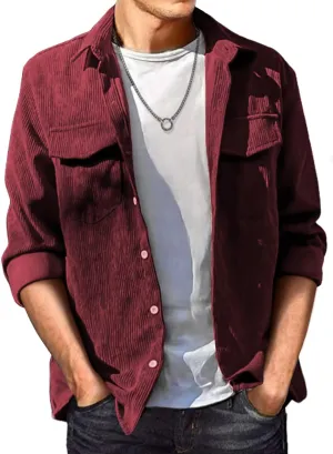 JMIERR Men's Corduroy Button Down Shirts Casual Long Sleeve Shacket Jacket with Flap Pockets