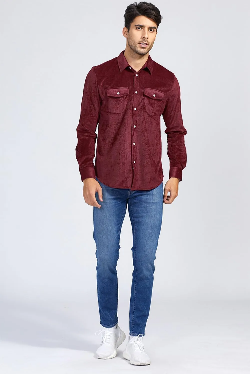 JMIERR Men's Corduroy Button Down Shirts Casual Long Sleeve Shacket Jacket with Flap Pockets