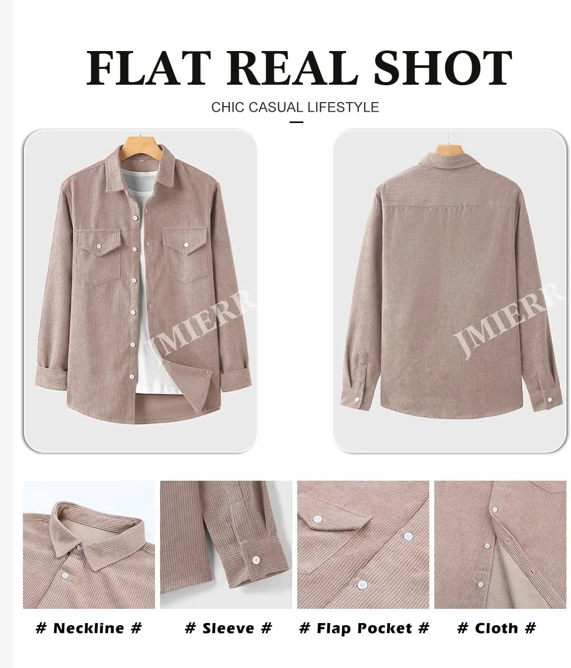 JMIERR Men's Corduroy Button Down Shirts Casual Long Sleeve Shacket Jacket with Flap Pockets