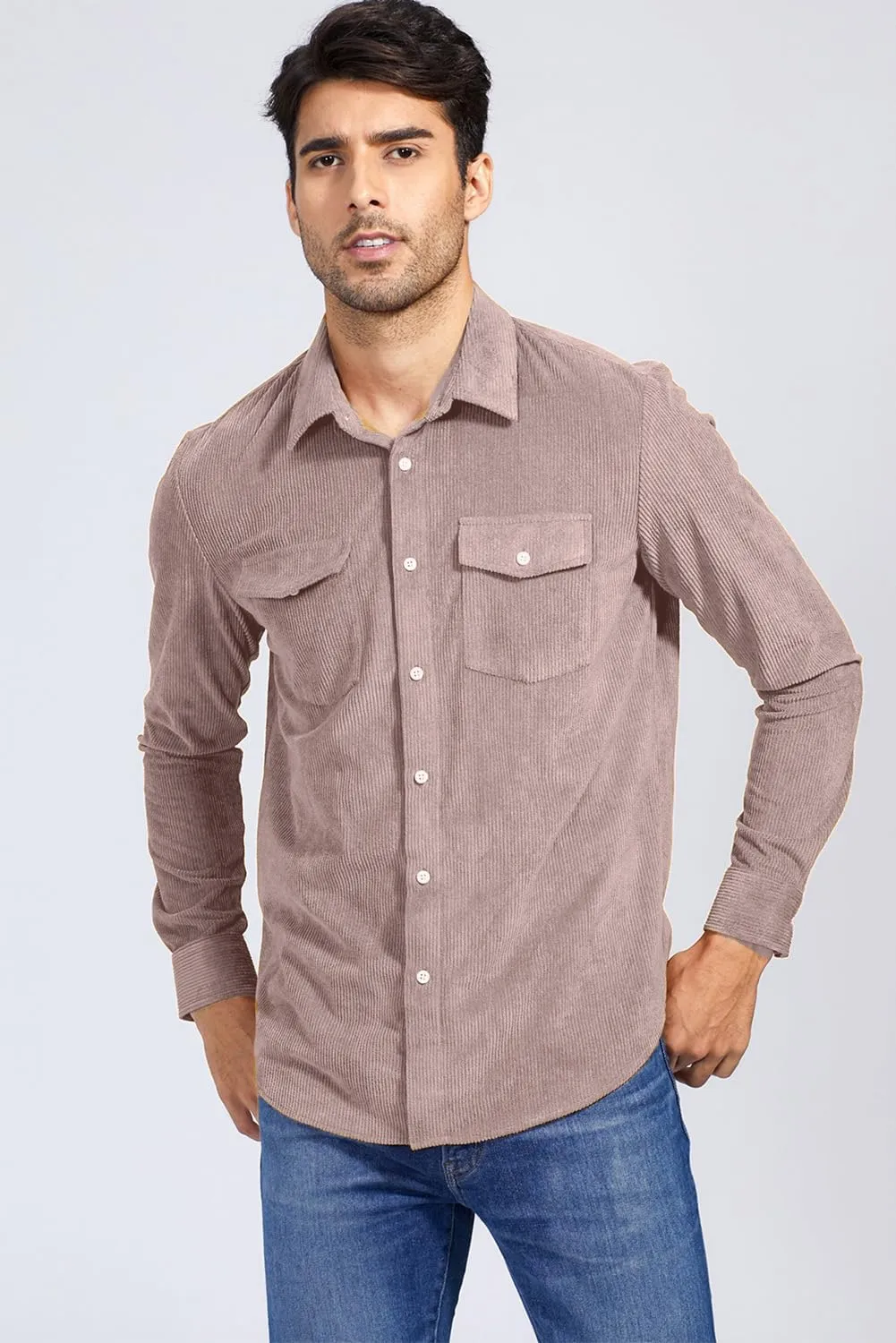 JMIERR Men's Corduroy Button Down Shirts Casual Long Sleeve Shacket Jacket with Flap Pockets