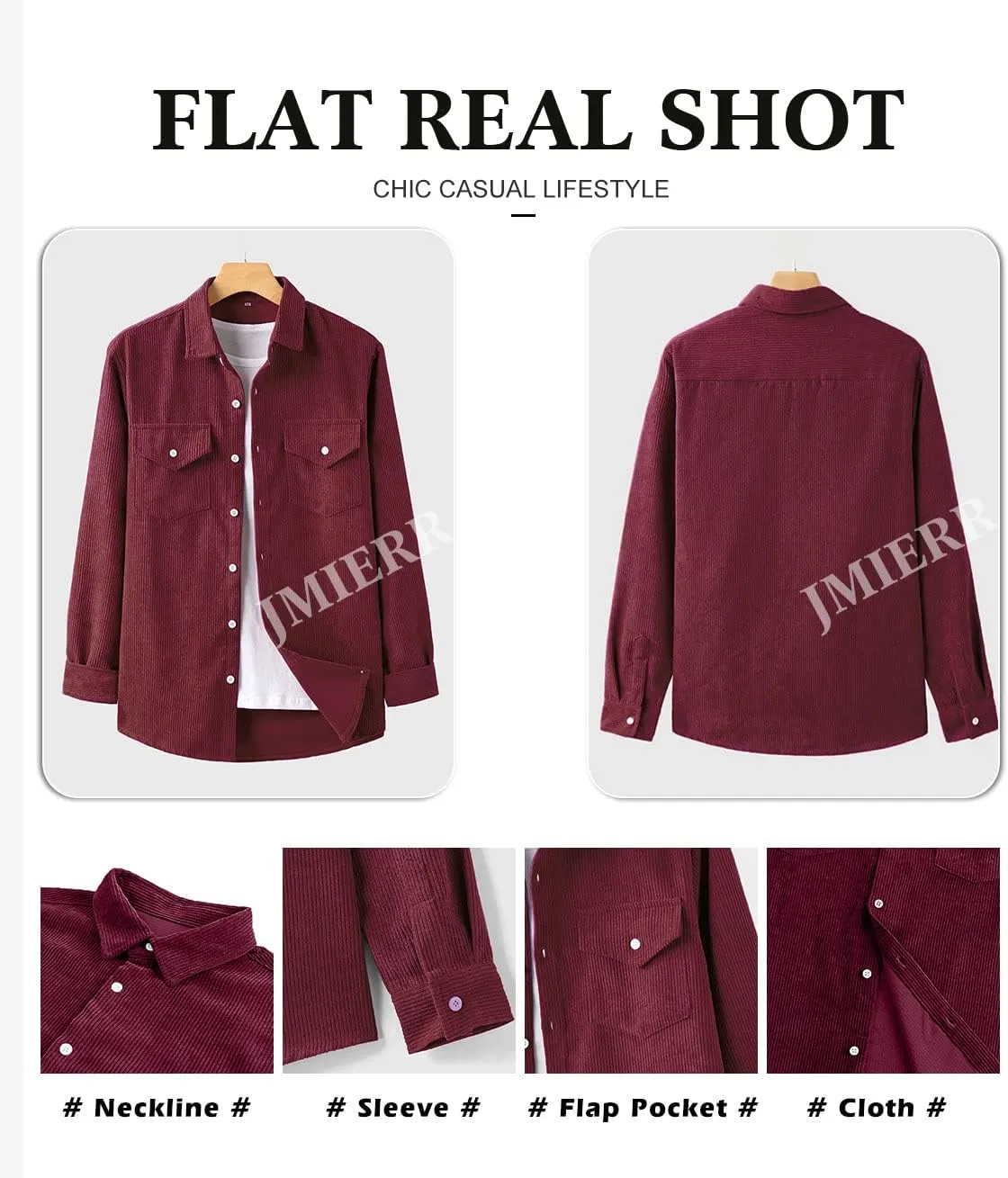 JMIERR Men's Corduroy Button Down Shirts Casual Long Sleeve Shacket Jacket with Flap Pockets