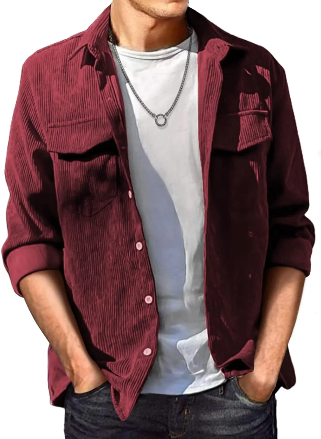 JMIERR Men's Corduroy Button Down Shirts Casual Long Sleeve Shacket Jacket with Flap Pockets