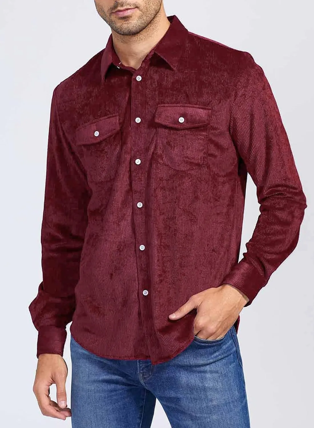 JMIERR Men's Corduroy Button Down Shirts Casual Long Sleeve Shacket Jacket with Flap Pockets