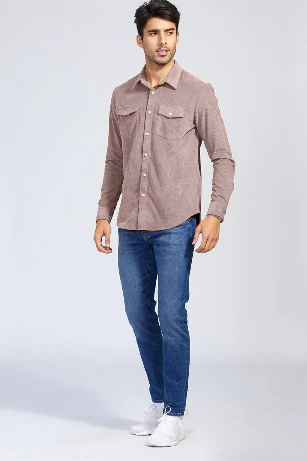 JMIERR Men's Corduroy Button Down Shirts Casual Long Sleeve Shacket Jacket with Flap Pockets