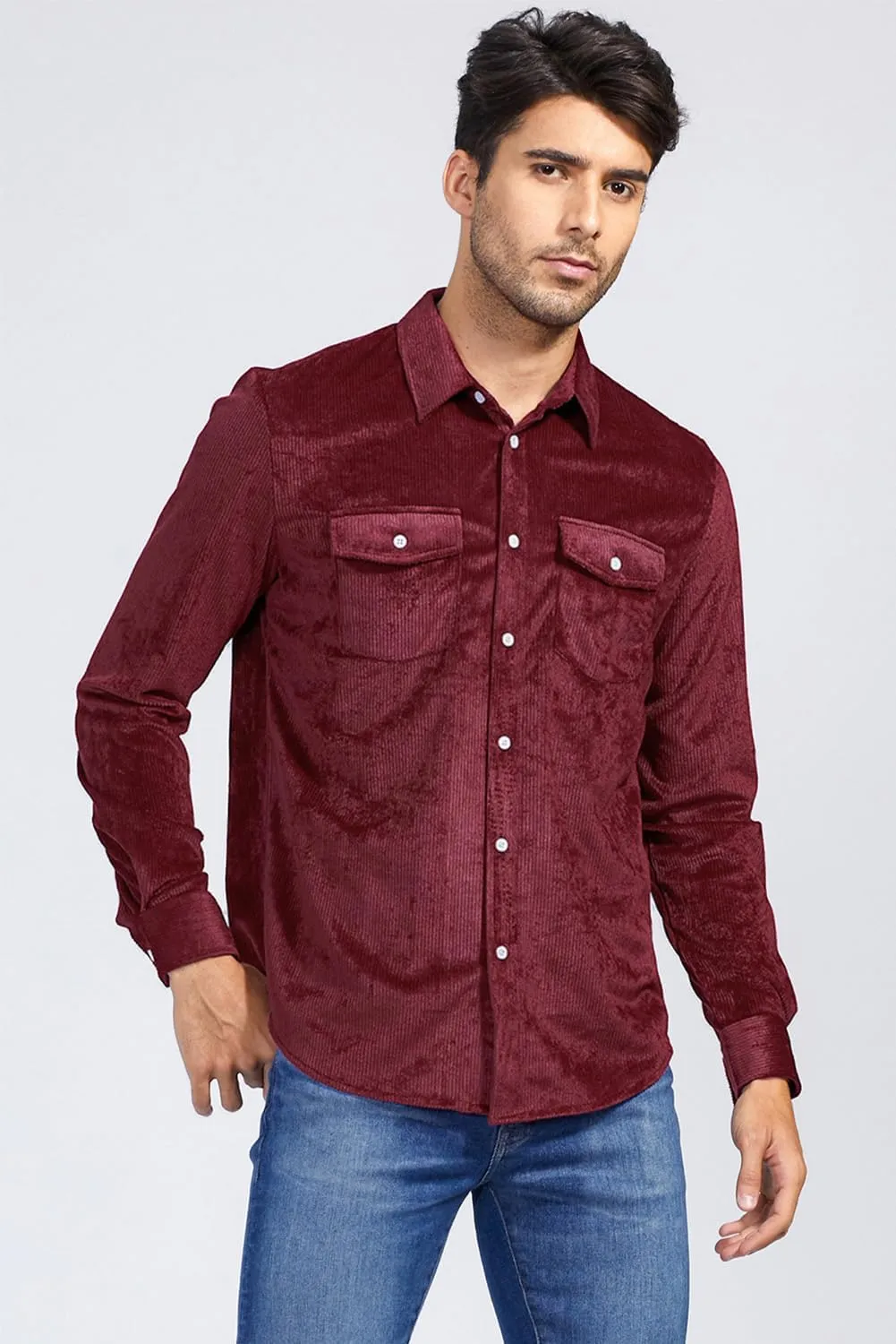 JMIERR Men's Corduroy Button Down Shirts Casual Long Sleeve Shacket Jacket with Flap Pockets