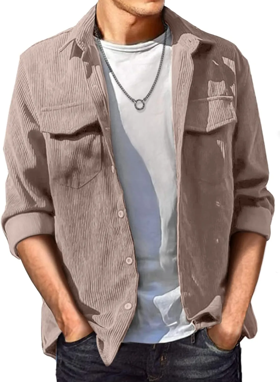 JMIERR Men's Corduroy Button Down Shirts Casual Long Sleeve Shacket Jacket with Flap Pockets