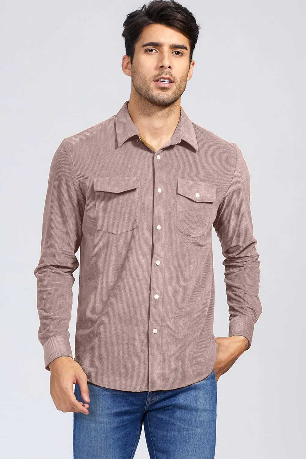 JMIERR Men's Corduroy Button Down Shirts Casual Long Sleeve Shacket Jacket with Flap Pockets