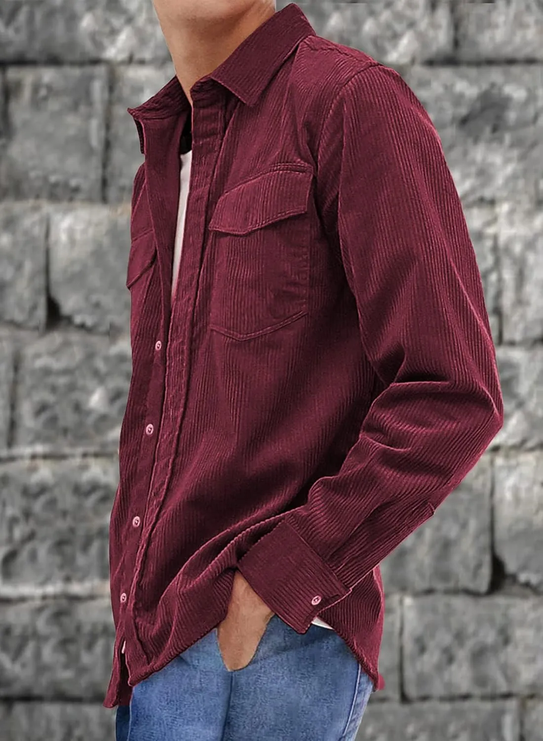 JMIERR Men's Corduroy Button Down Shirts Casual Long Sleeve Shacket Jacket with Flap Pockets