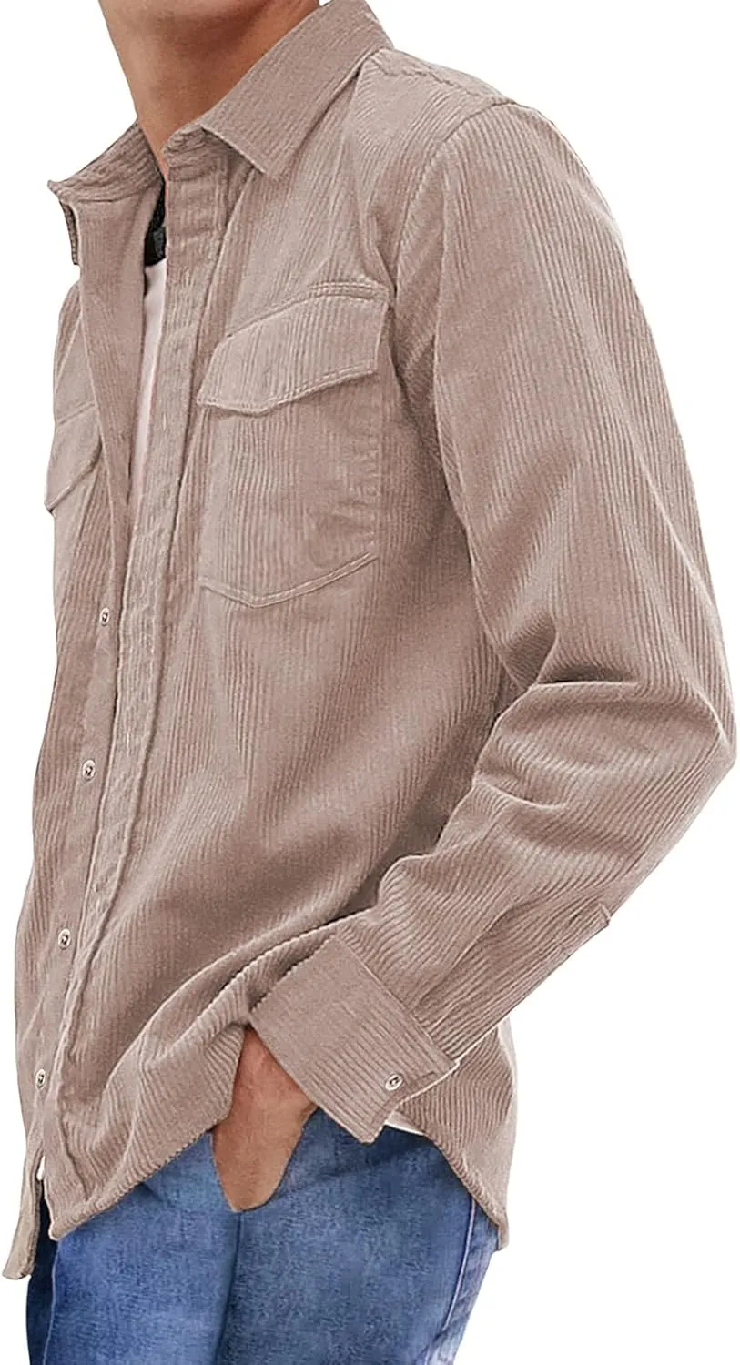 JMIERR Men's Corduroy Button Down Shirts Casual Long Sleeve Shacket Jacket with Flap Pockets