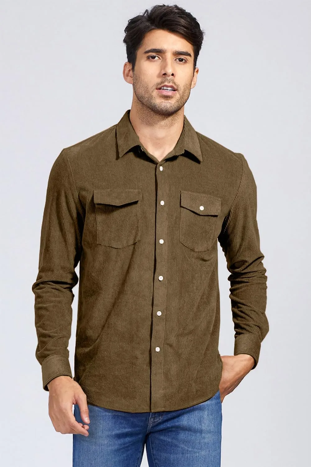 JMIERR Men's Corduroy Button Down Shirts Casual Long Sleeve Shacket Jacket with Flap Pockets