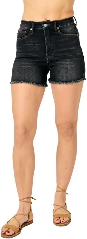 Judy Blue Black High Waist Tummy Control Fray Hem Shorts