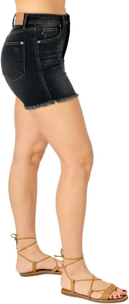 Judy Blue Black High Waist Tummy Control Fray Hem Shorts