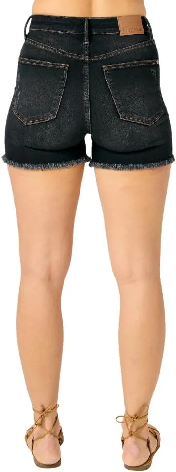 Judy Blue Black High Waist Tummy Control Fray Hem Shorts