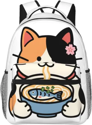Kawaii Cat Ramen Noodles Pattern Casual Backpack 16" Large Capacity Laptop Backpack Adjustable Straps Business Daypack Bag For Travel, Work & Outdoor, Adults