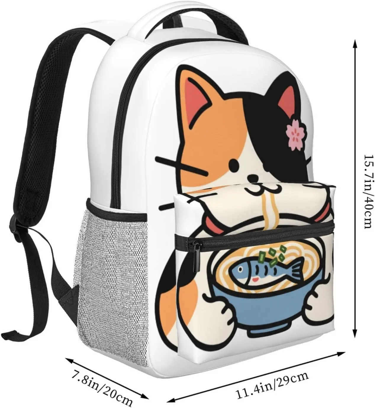 Kawaii Cat Ramen Noodles Pattern Casual Backpack 16" Large Capacity Laptop Backpack Adjustable Straps Business Daypack Bag For Travel, Work & Outdoor, Adults