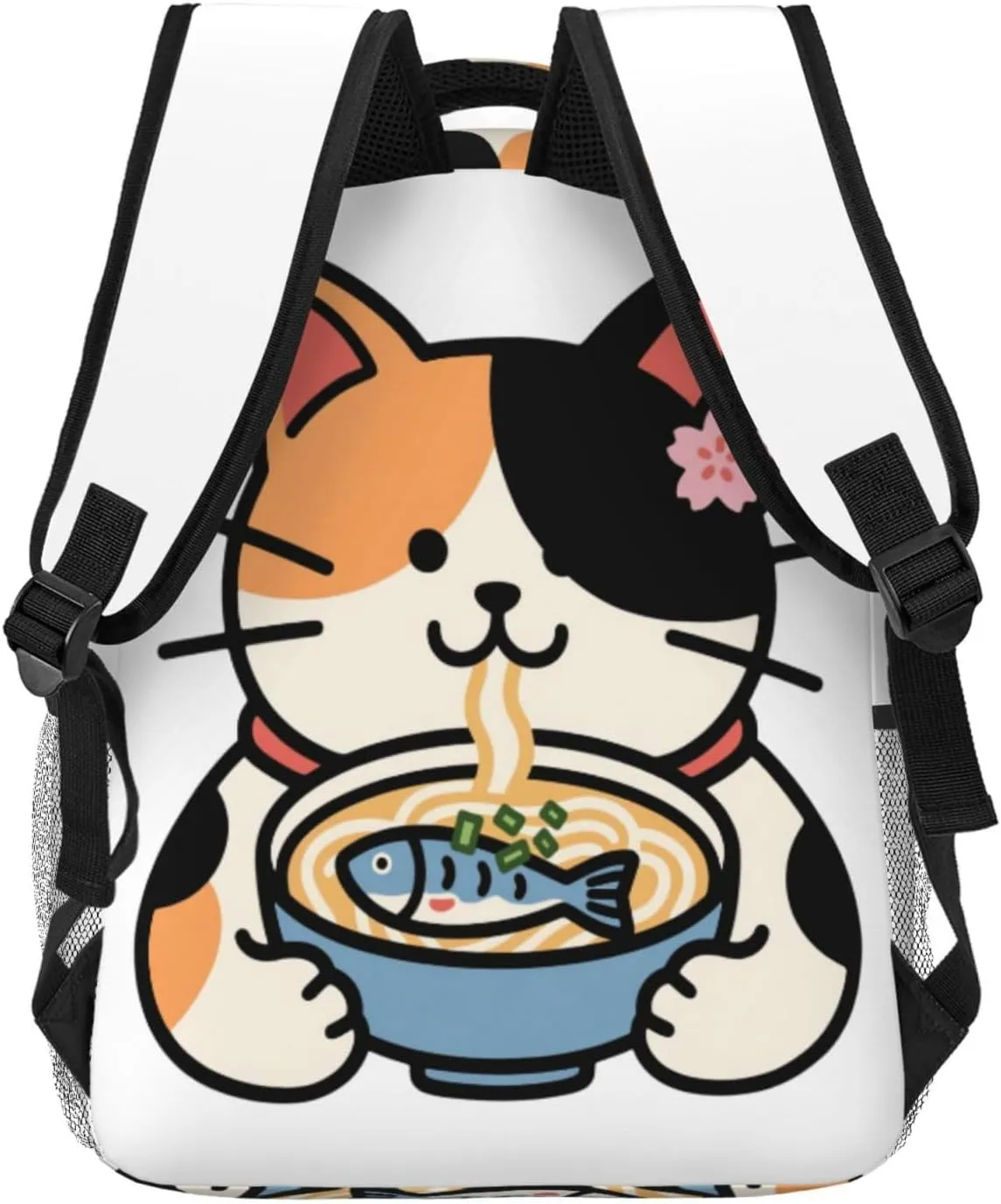 Kawaii Cat Ramen Noodles Pattern Casual Backpack 16" Large Capacity Laptop Backpack Adjustable Straps Business Daypack Bag For Travel, Work & Outdoor, Adults