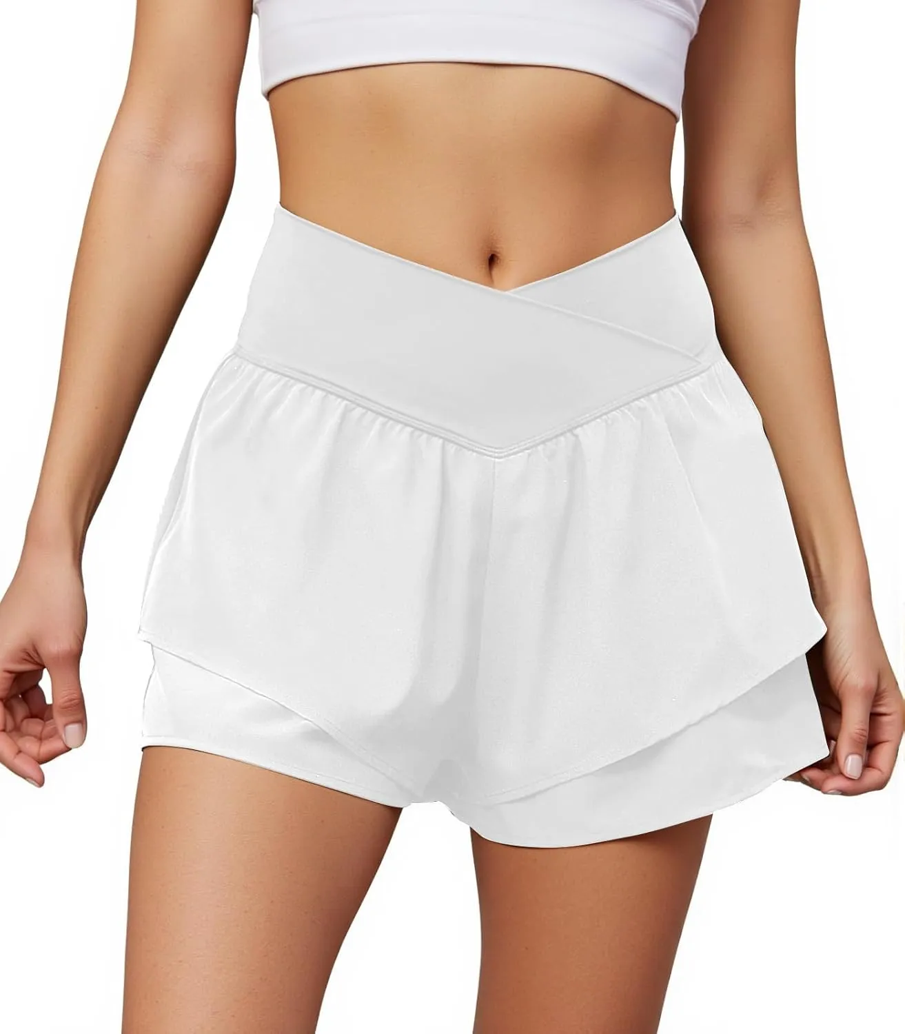 keriffe Womens Athletic Running Shorts with Pockets 2 in 1 Crossover High Waisted Flowy Workout Tennis Skirts Skorts