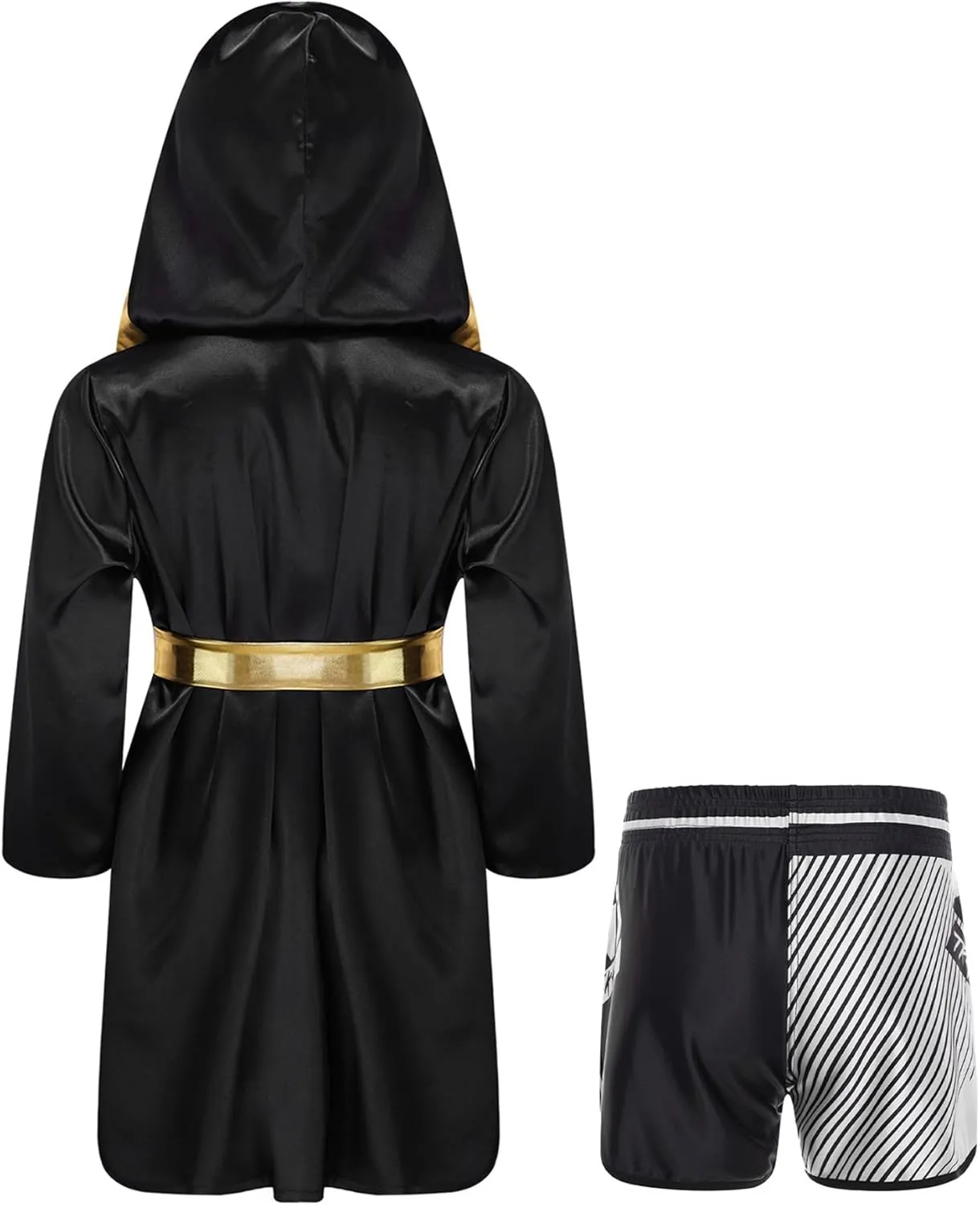 Kids Boys Boxing Outfit Metallic SatinLong Sleeve Robe Hooded Grown Cloak with Belt and Boxer Shorts Set
