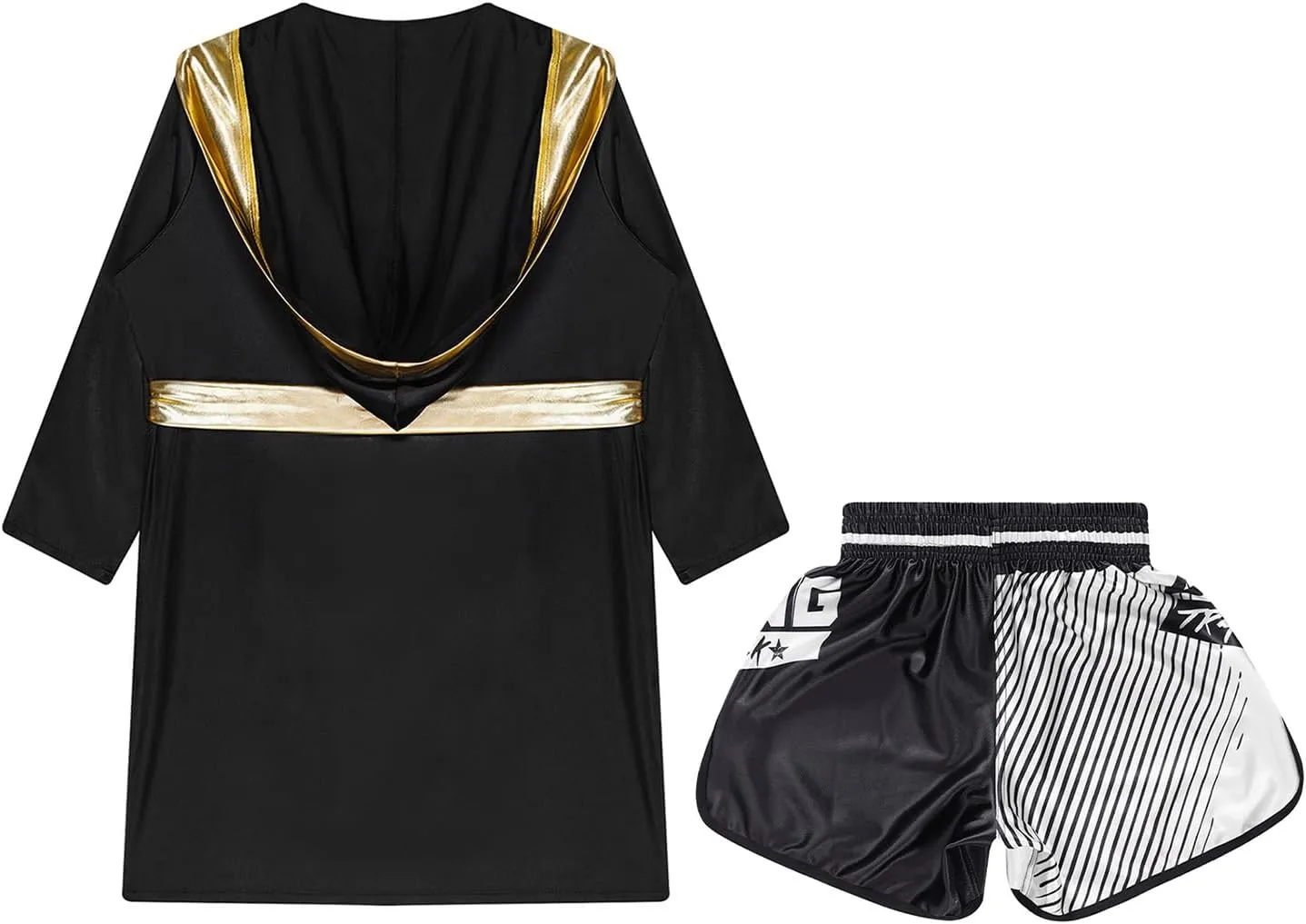 Kids Boys Boxing Outfit Metallic SatinLong Sleeve Robe Hooded Grown Cloak with Belt and Boxer Shorts Set