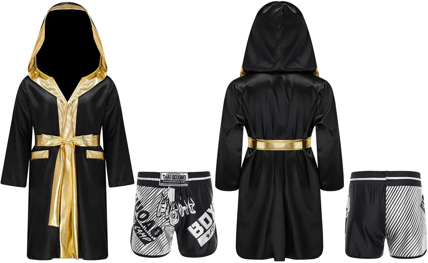 Kids Boys Boxing Outfit Metallic SatinLong Sleeve Robe Hooded Grown Cloak with Belt and Boxer Shorts Set