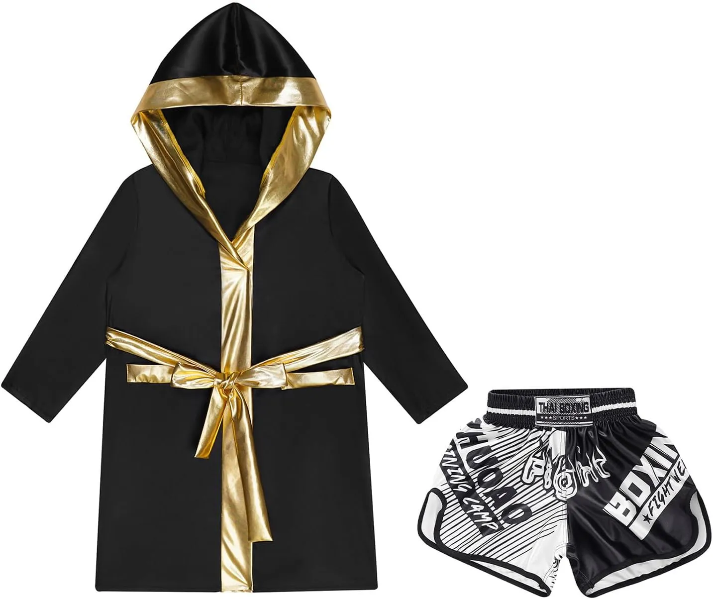 Kids Boys Boxing Outfit Metallic SatinLong Sleeve Robe Hooded Grown Cloak with Belt and Boxer Shorts Set