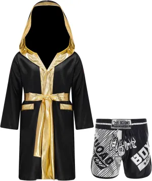 Kids Boys Boxing Outfit Metallic SatinLong Sleeve Robe Hooded Grown Cloak with Belt and Boxer Shorts Set