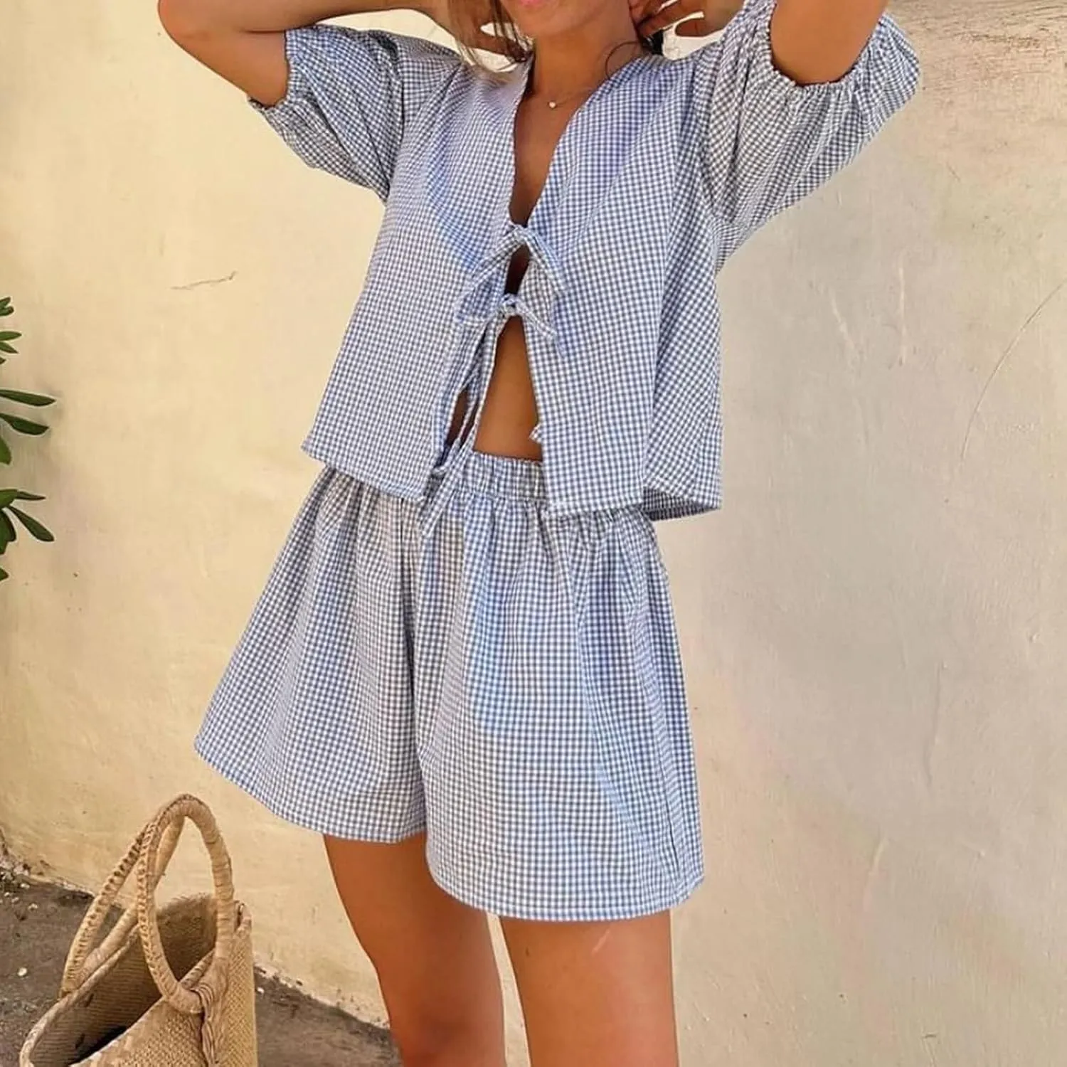 KMBANGI Women Y2K 2 Piece Shorts Set Peplum Puff Sleeve Babydoll Shirt Blouse Shorts Tie Front 2 Piece Pajamas Sets