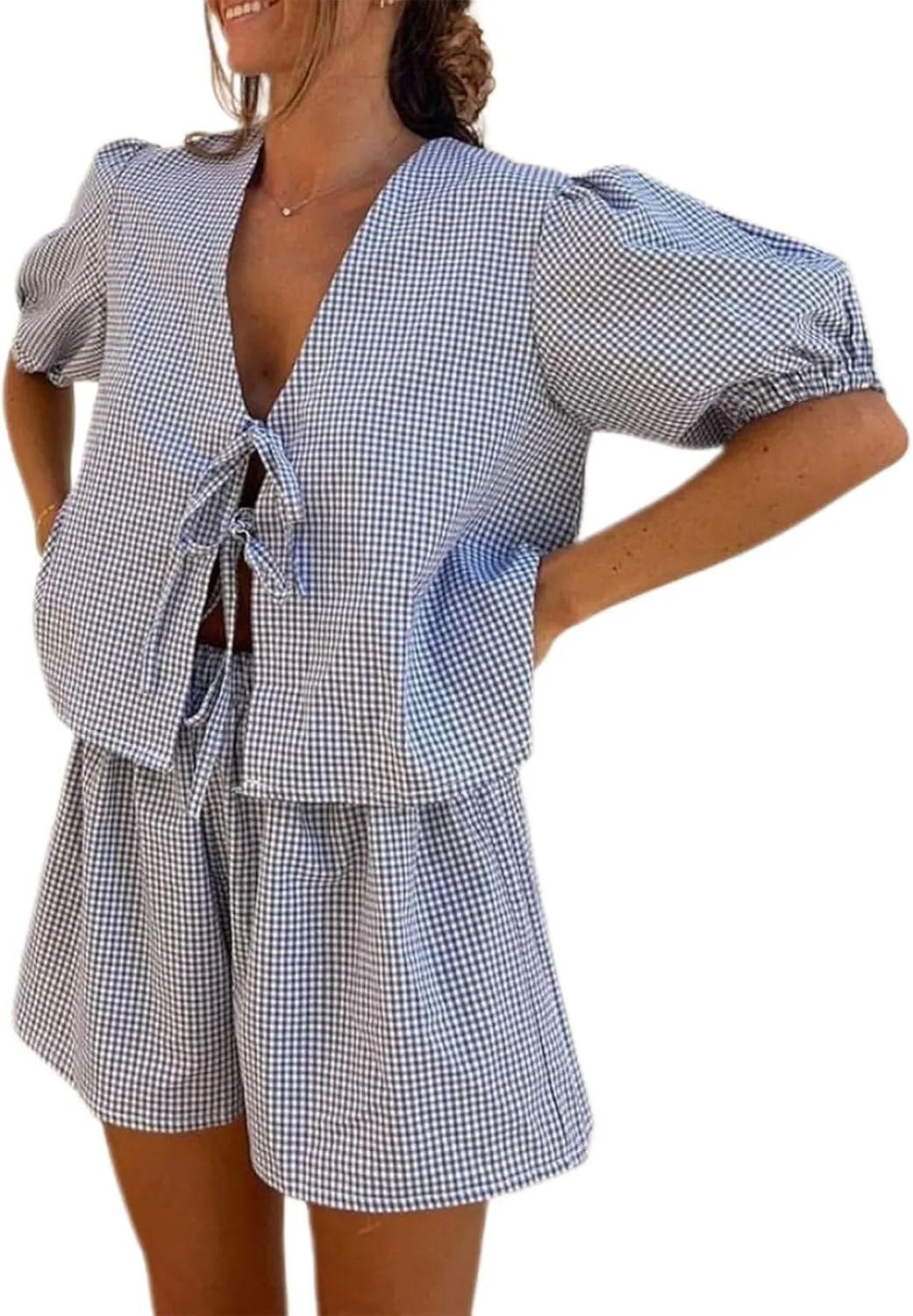 KMBANGI Women Y2K 2 Piece Shorts Set Peplum Puff Sleeve Babydoll Shirt Blouse Shorts Tie Front 2 Piece Pajamas Sets