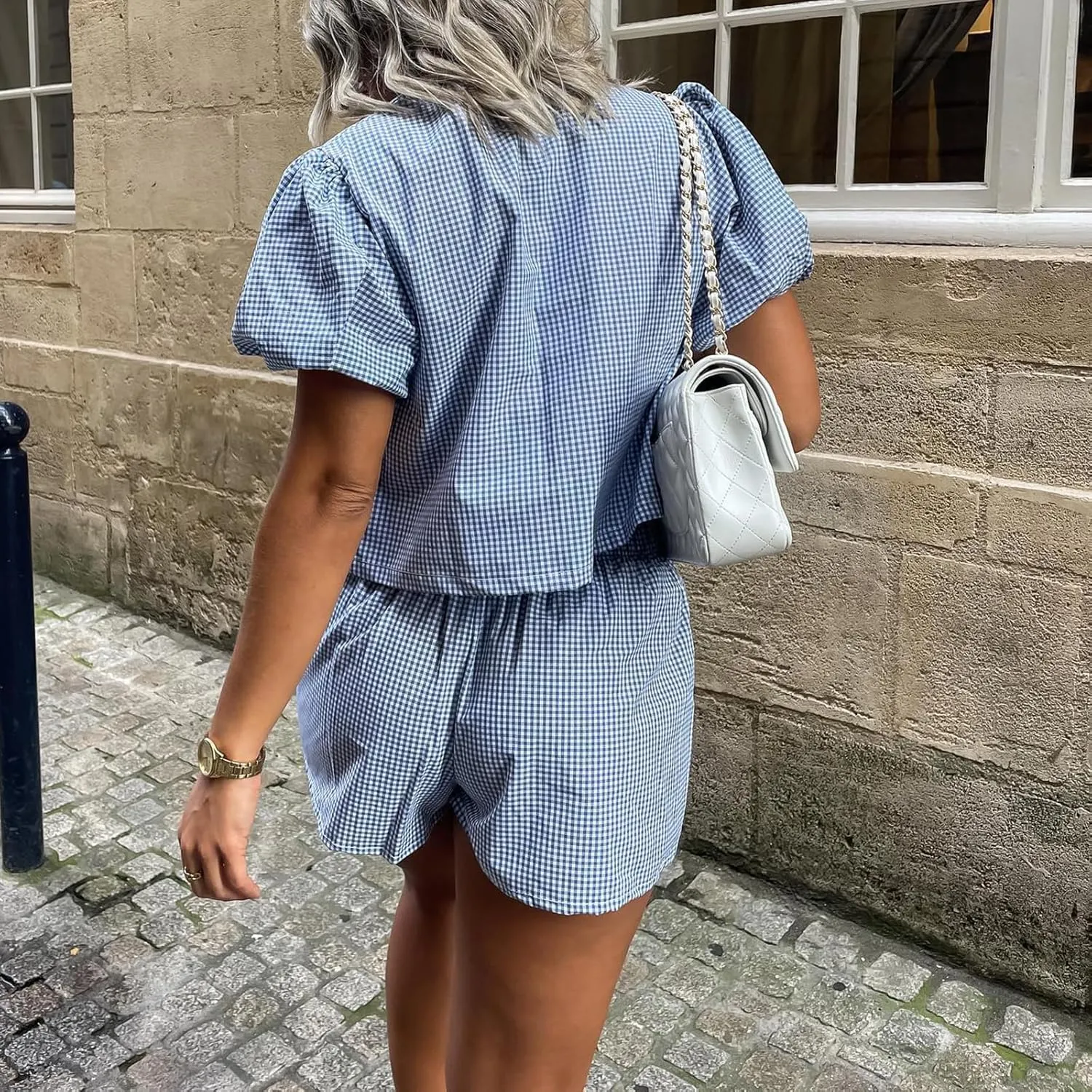 KMBANGI Women Y2K 2 Piece Shorts Set Peplum Puff Sleeve Babydoll Shirt Blouse Shorts Tie Front 2 Piece Pajamas Sets