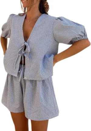 KMBANGI Women Y2K 2 Piece Shorts Set Peplum Puff Sleeve Babydoll Shirt Blouse Shorts Tie Front 2 Piece Pajamas Sets