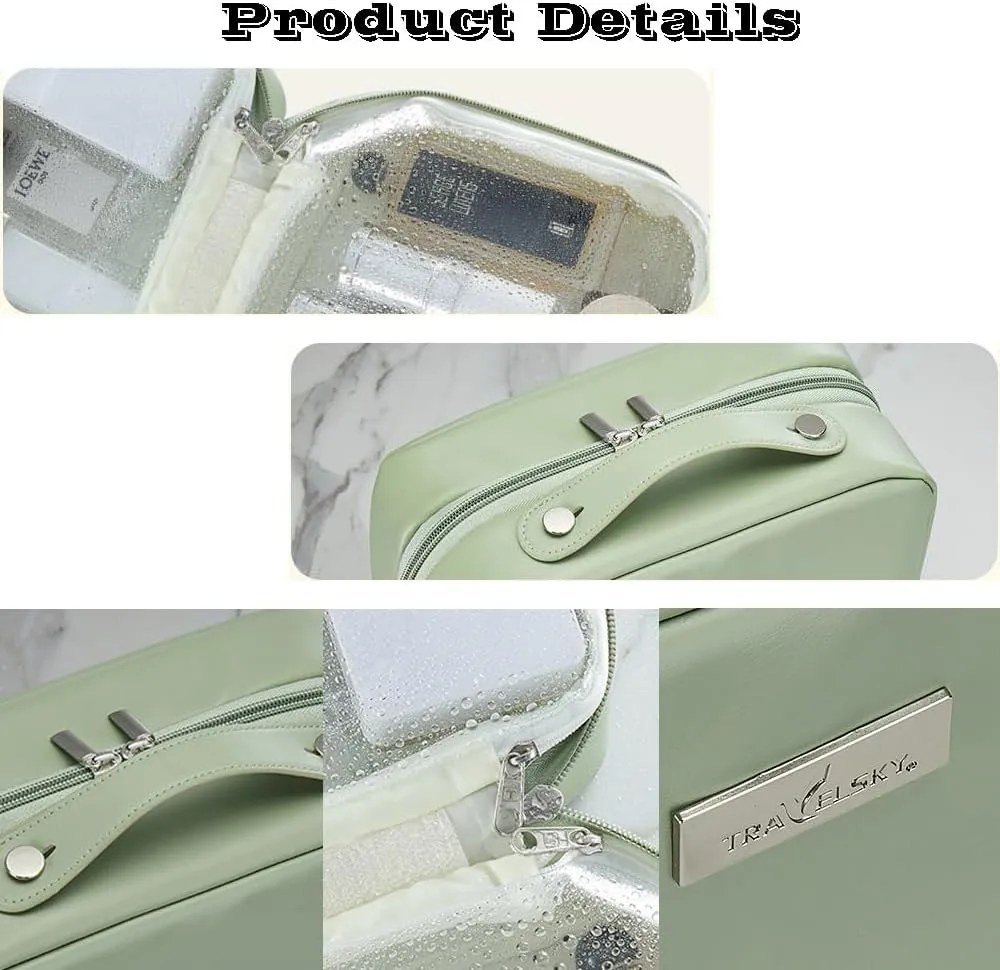 Large Capacity Makeup Bag for Women, Portable PU Leather Cosmetic Bag for Travel Daily Use, Waterproof Pouch Open Flat Toiletry Bag Storage Organizer with Handle (Green)