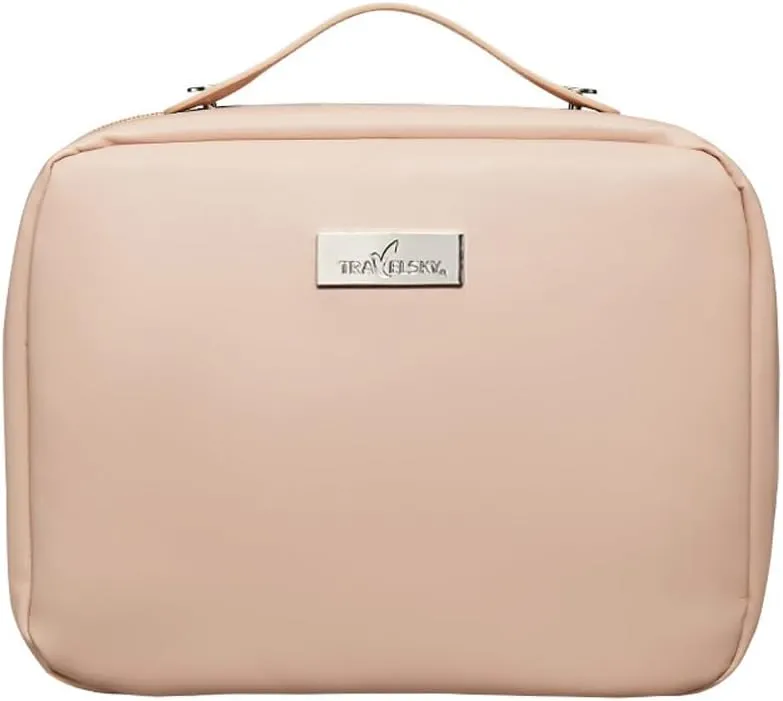 Large Capacity Makeup Bag for Women, Portable PU Leather Cosmetic Bag for Travel Daily Use, Waterproof Pouch Open Flat Toiletry Bag Storage Organizer with Handle (Pink)